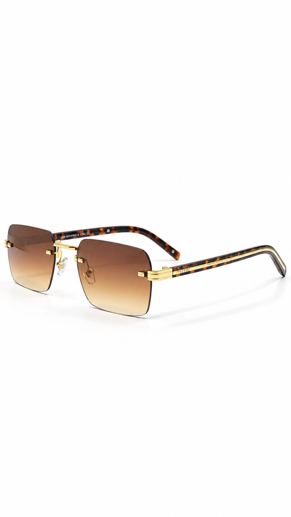 Prada 6136 Rimless Rectangular Sunglasses Gold Metal Tortoise Temples Brown Gradient 54mm