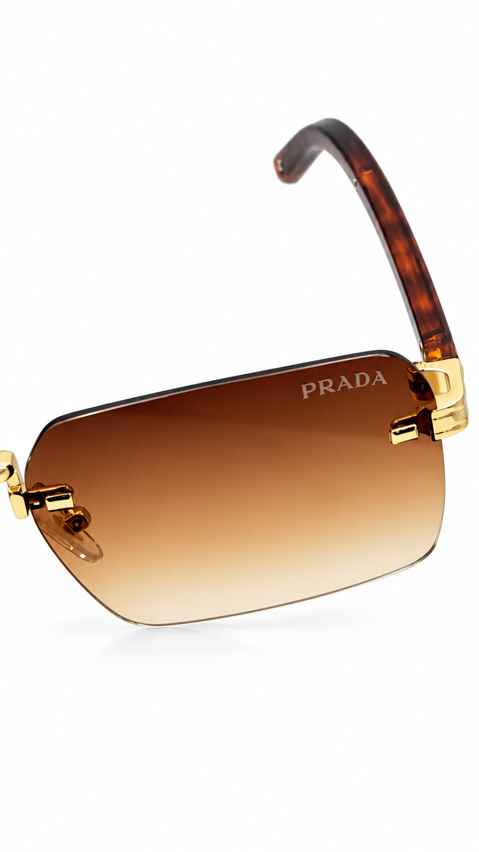 Prada 6136 Rimless Rectangular Sunglasses Gold Metal Tortoise Temples Brown Gradient 54mm