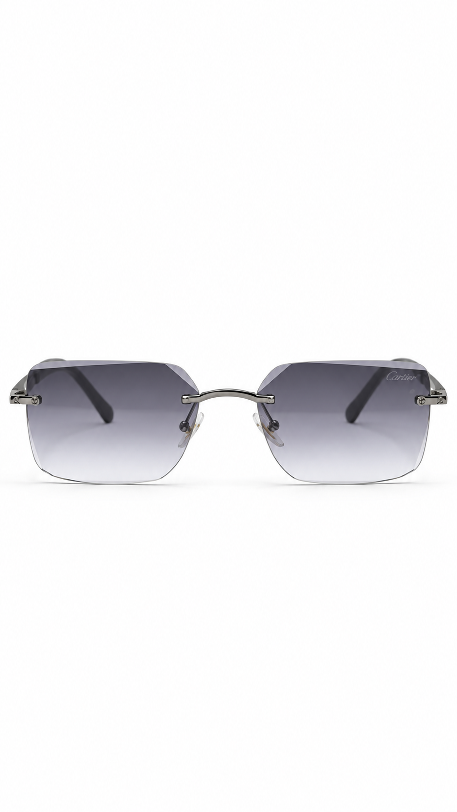 Cartier G623 Rimless Rectangular Sunglasses Gunmetal Metallic Hardware Black Temples Grey Gradient Lenses 57mm
