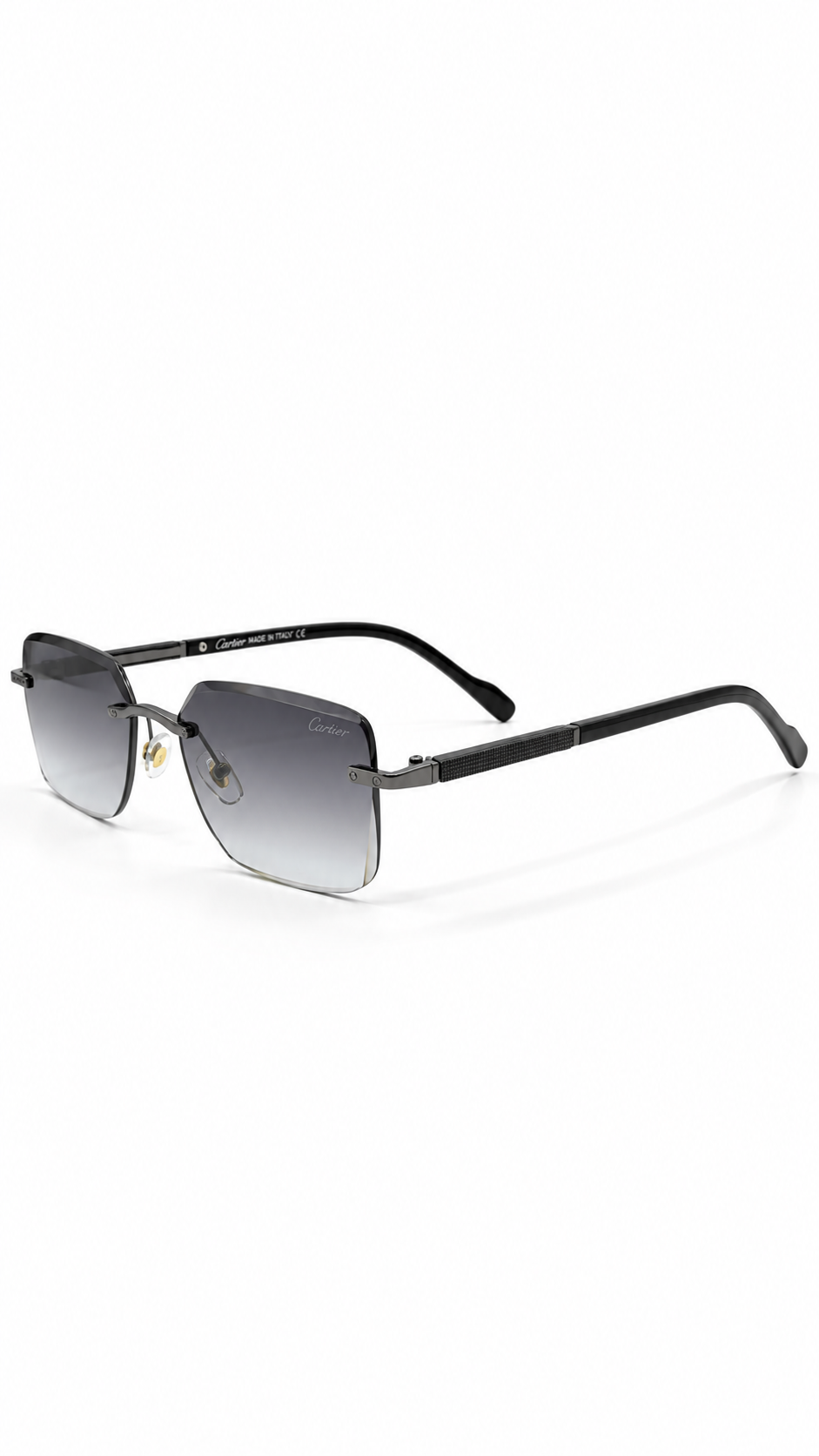 Cartier G623 Rimless Rectangular Sunglasses Gunmetal Metallic Hardware Black Temples Grey Gradient Lenses 57mm