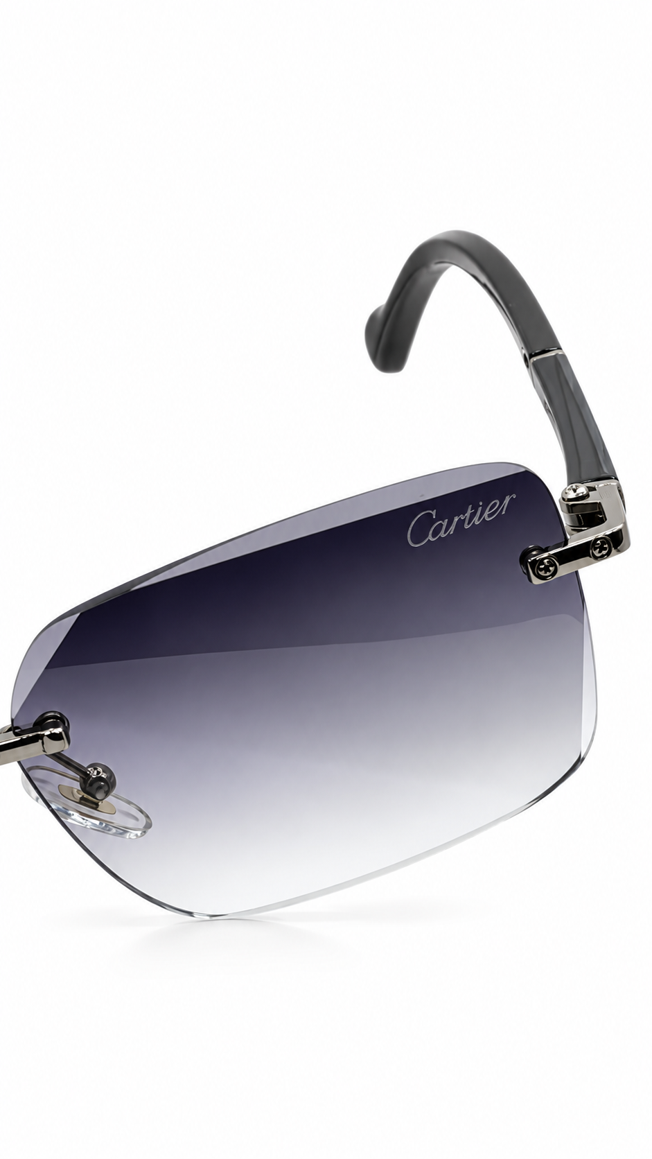 Cartier G623 Rimless Rectangular Sunglasses Gunmetal Metallic Hardware Black Temples Grey Gradient Lenses 57mm