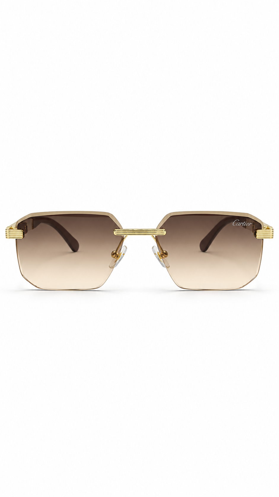 Cartier M028 Rimless Rectangular Sunglasses Gold Hardware Wood Grain Temples Brown Gradient Lenses 58mm