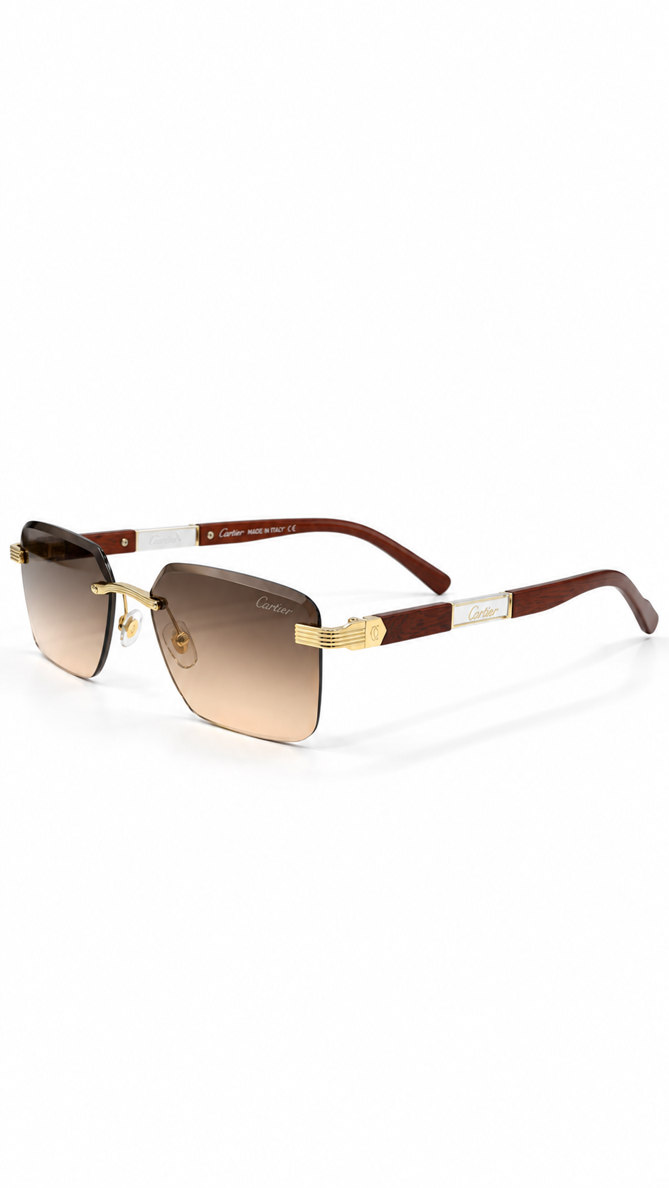 Cartier M028 Rimless Rectangular Sunglasses Gold Hardware Wood Grain Temples Brown Gradient Lenses 58mm