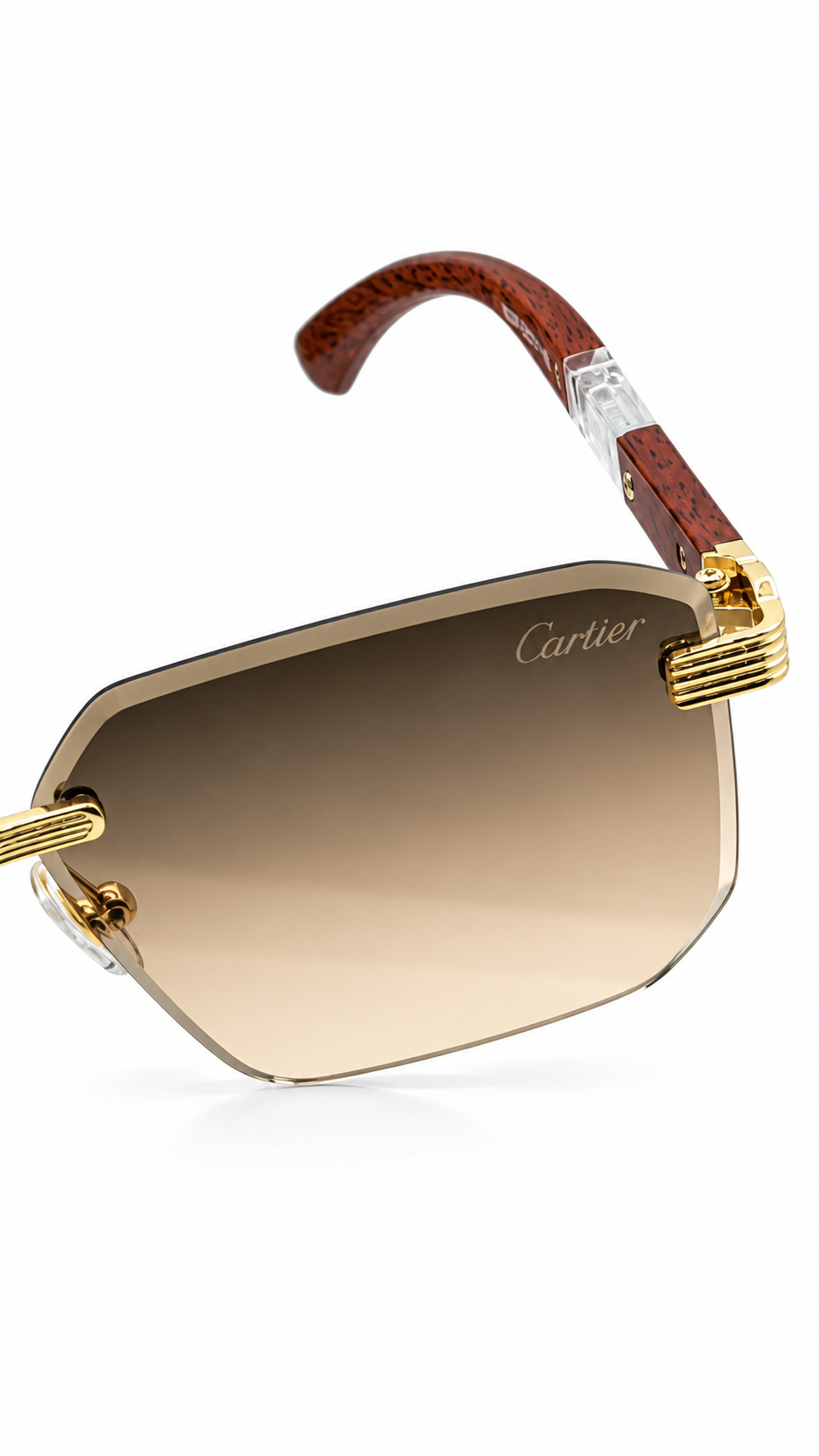 Cartier M028 Rimless Rectangular Sunglasses Gold Hardware Wood Grain Temples Brown Gradient Lenses 58mm