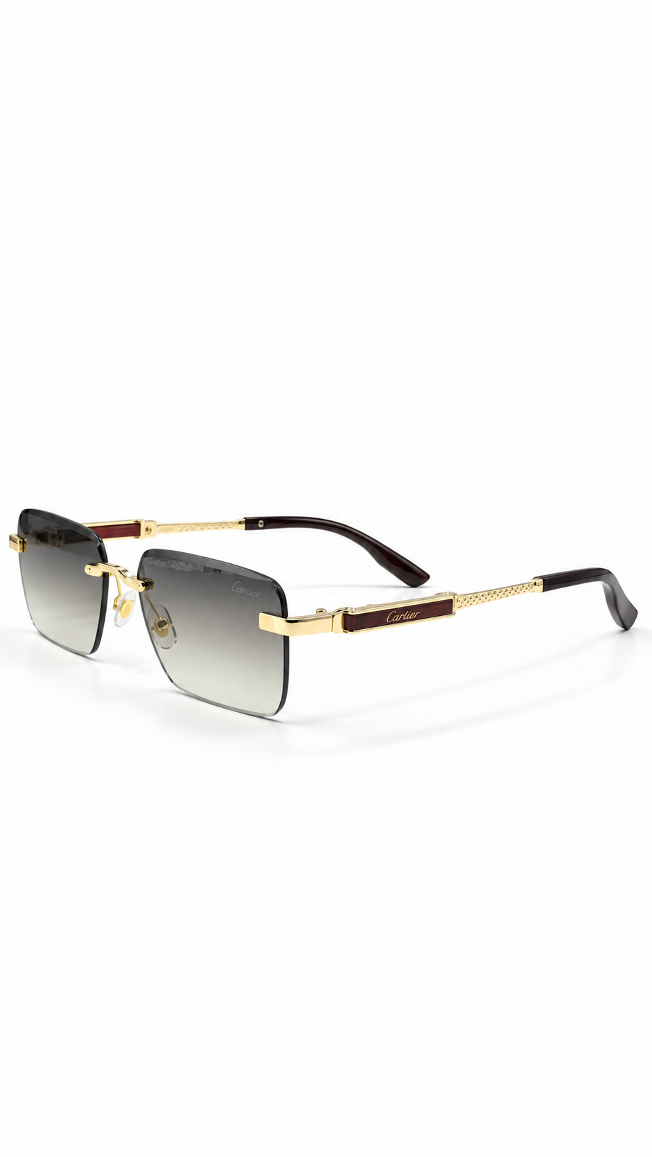 Cartier M017 Rimless Rectangular Sunglasses Gold Hardware Burgundy Accent Grey Brown Gradient Lenses 59mm