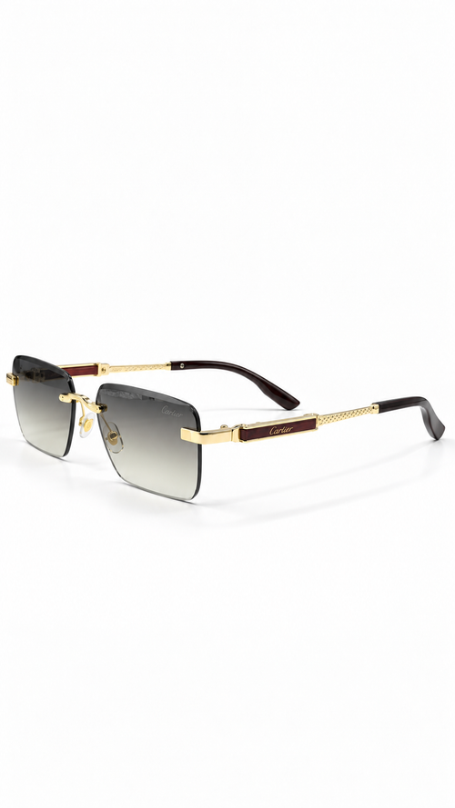 Cartier M017 Rimless Rectangular Sunglasses Gold Hardware Burgundy Accent Grey Brown Gradient Lenses 59mm