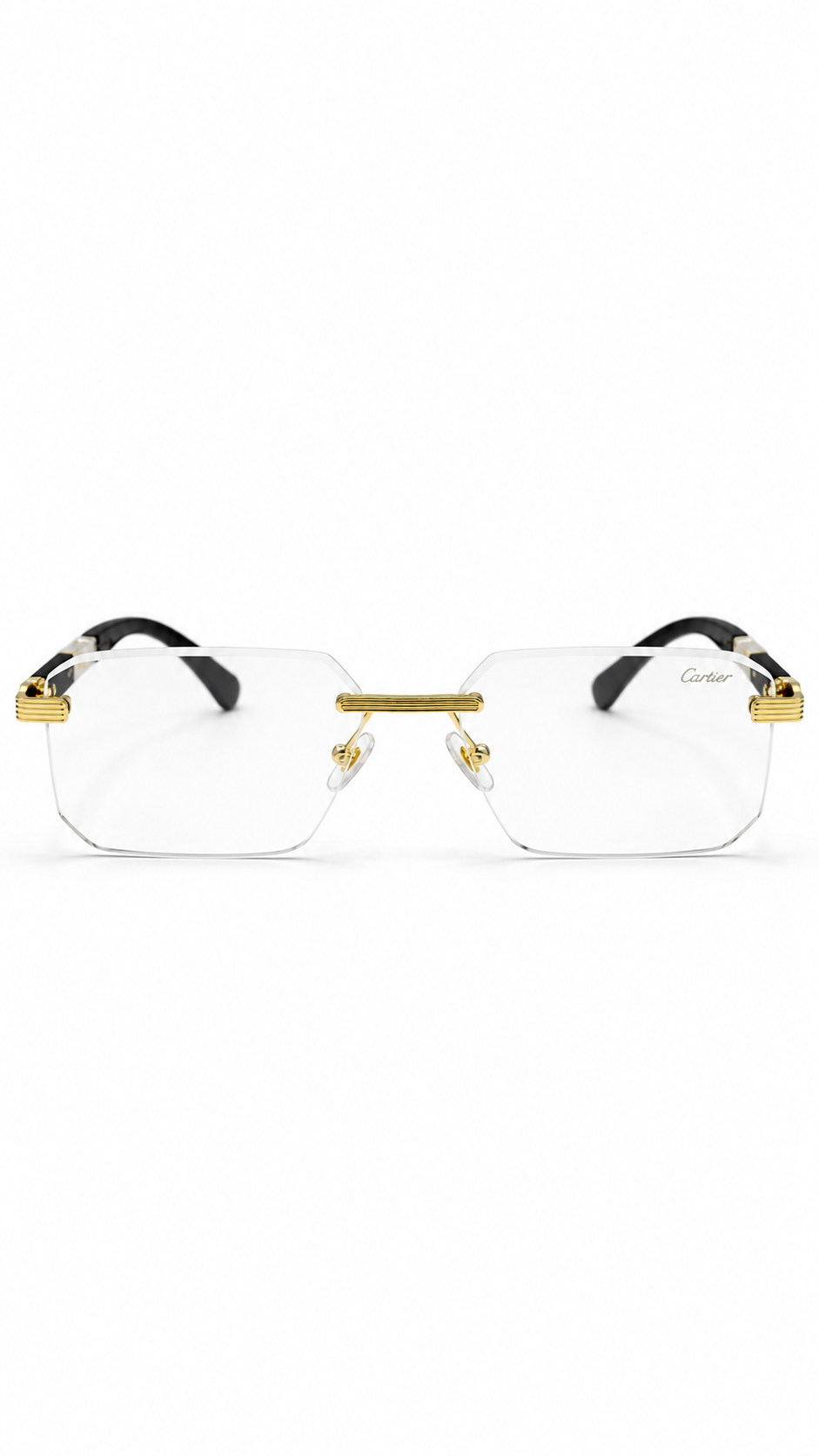 Cartier M028 Rimless Rectangular Eyeglasses Gold Hardware Black Wood Grain Temples Clear Lenses 58mm