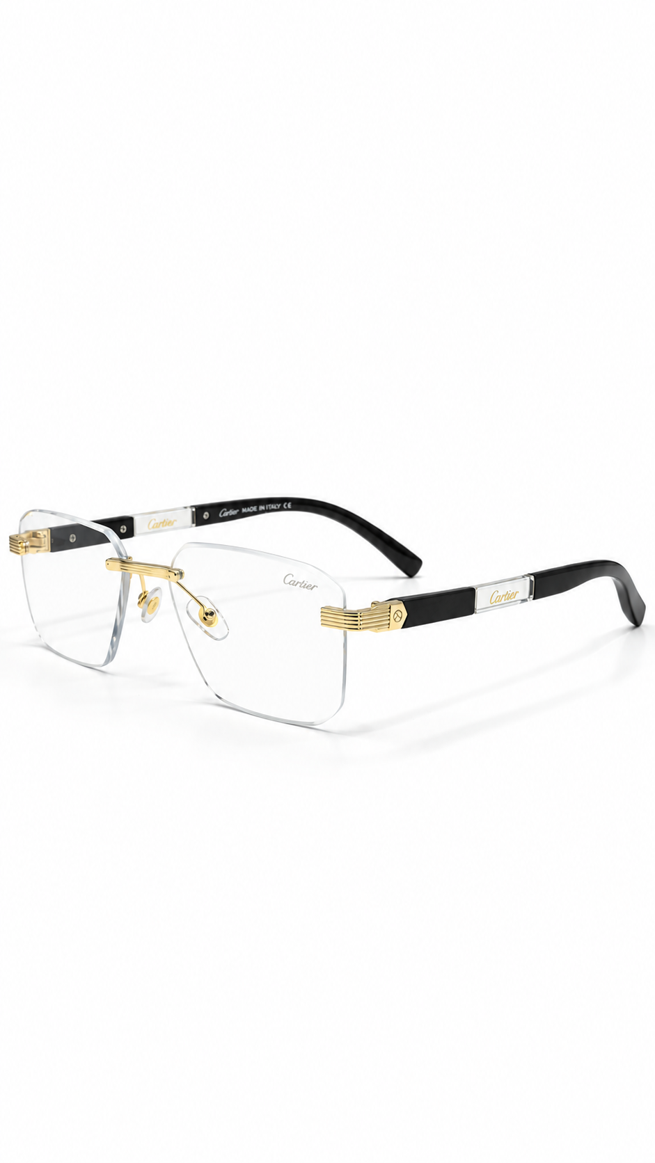 Cartier M028 Rimless Rectangular Eyeglasses Gold Hardware Black Wood Grain Temples Clear Lenses 58mm