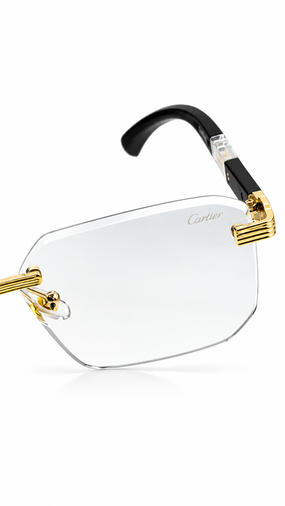 Cartier M028 Rimless Rectangular Eyeglasses Gold Hardware Black Wood Grain Temples Clear Lenses 58mm