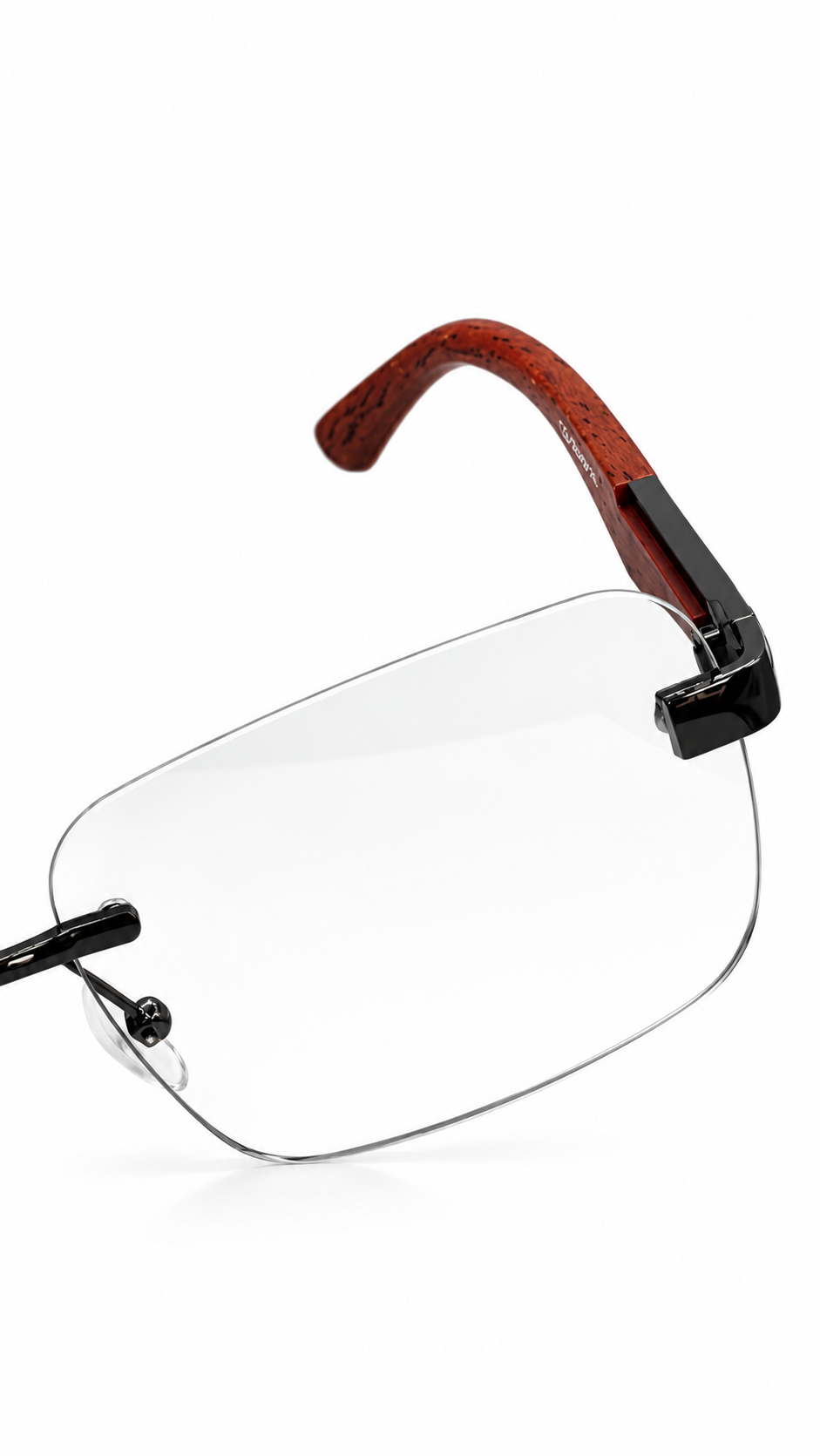 Maybach Z25 Rimless Rectangular Photochromic Eyeglasses Gunmetal Bridge Red Wood Grain Temples Transition Lenses 55mm