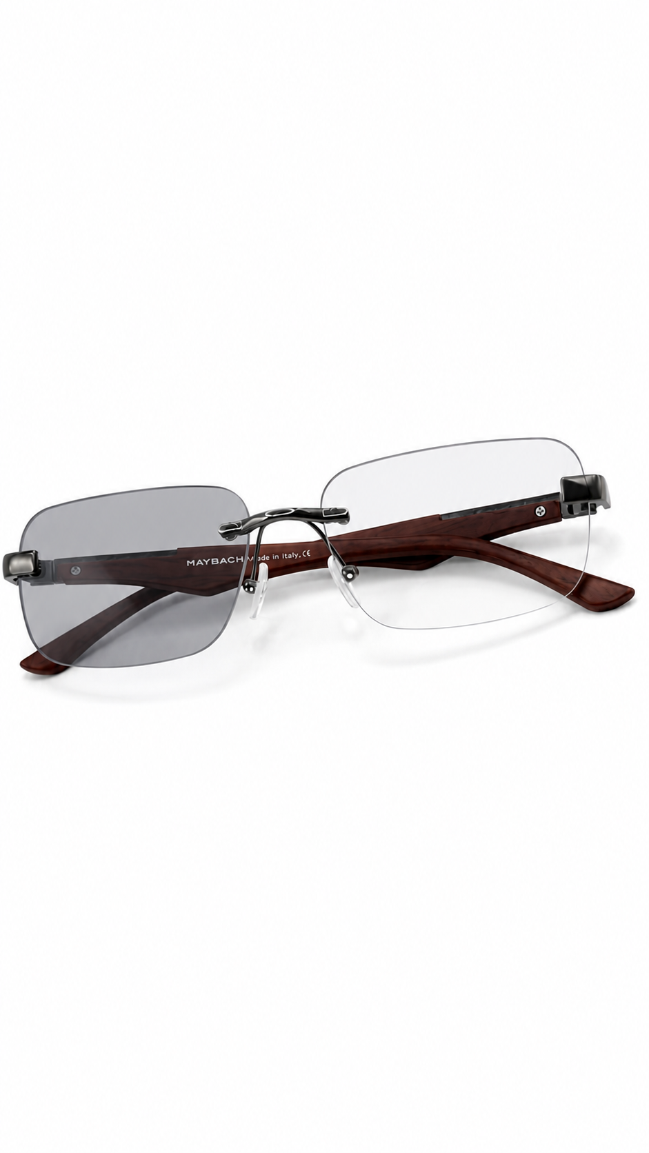 Maybach Z25 Rimless Rectangular Photochromic Eyeglasses Gunmetal Bridge Red Wood Grain Temples Transition Lenses 55mm