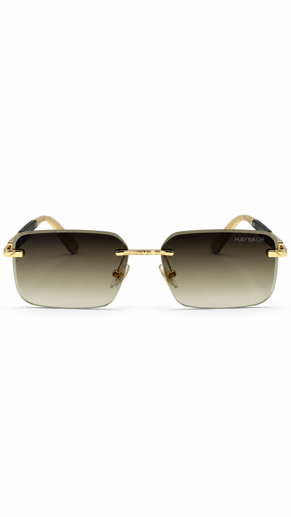 Maybach G604 Rimless Rectangular Sunglasses Gold Hardware Dark Wood Grain Temples Grey Brown Gradient Lenses 58mm