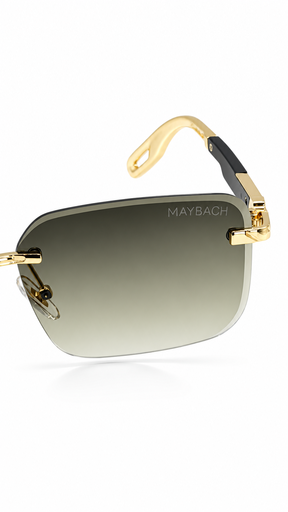 Maybach G604 Rimless Rectangular Sunglasses Gold Hardware Dark Wood Grain Temples Grey Brown Gradient Lenses 58mm