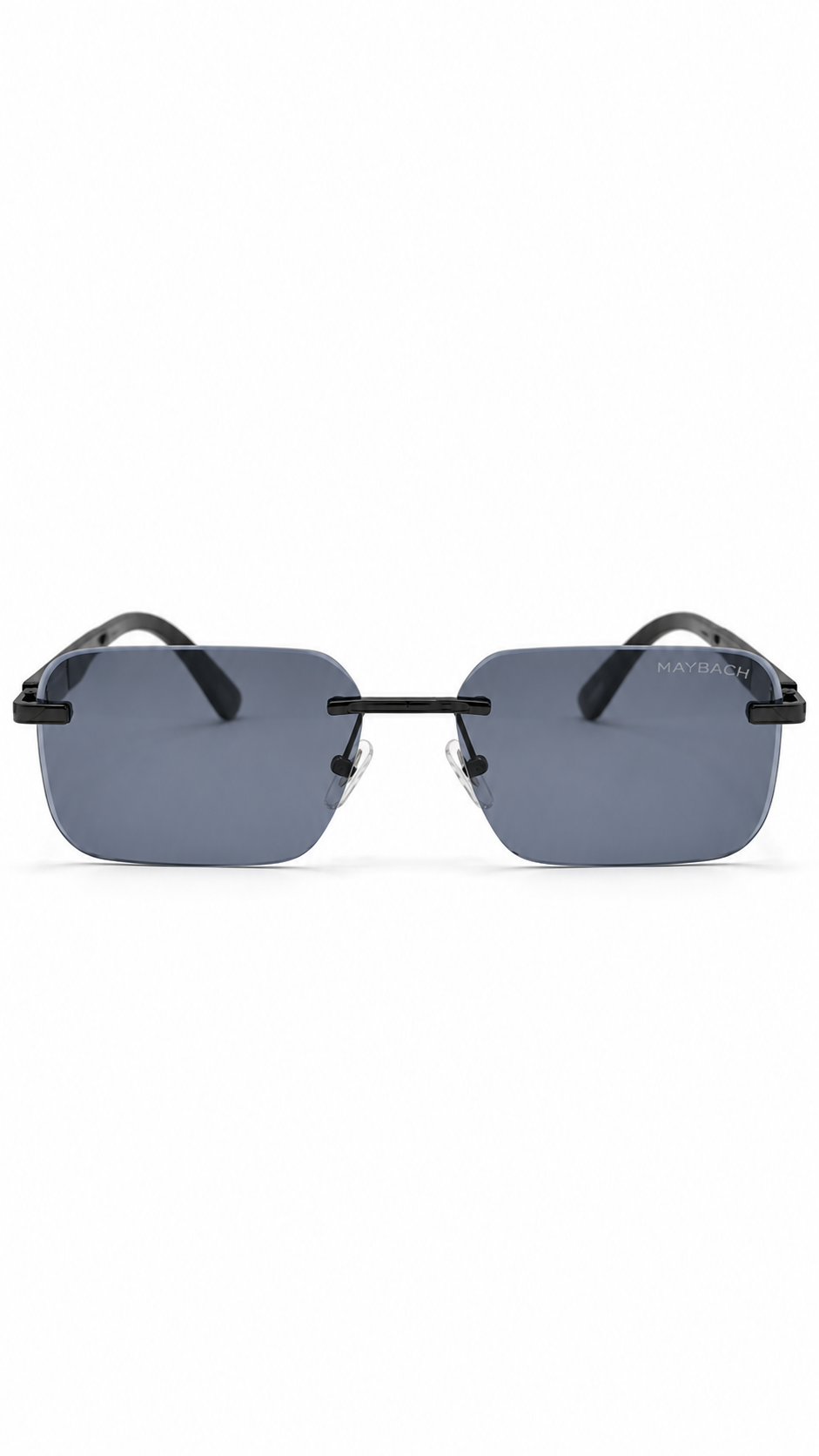 Maybach G604 Rimless Rectangular Sunglasses Matte Black Hardware Charcoal Black Wood Grain Temples Grey Blue Lenses 58mm