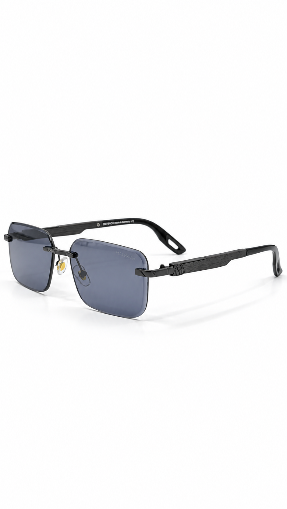 Maybach G604 Rimless Rectangular Sunglasses Matte Black Hardware Charcoal Black Wood Grain Temples Grey Blue Lenses 58mm