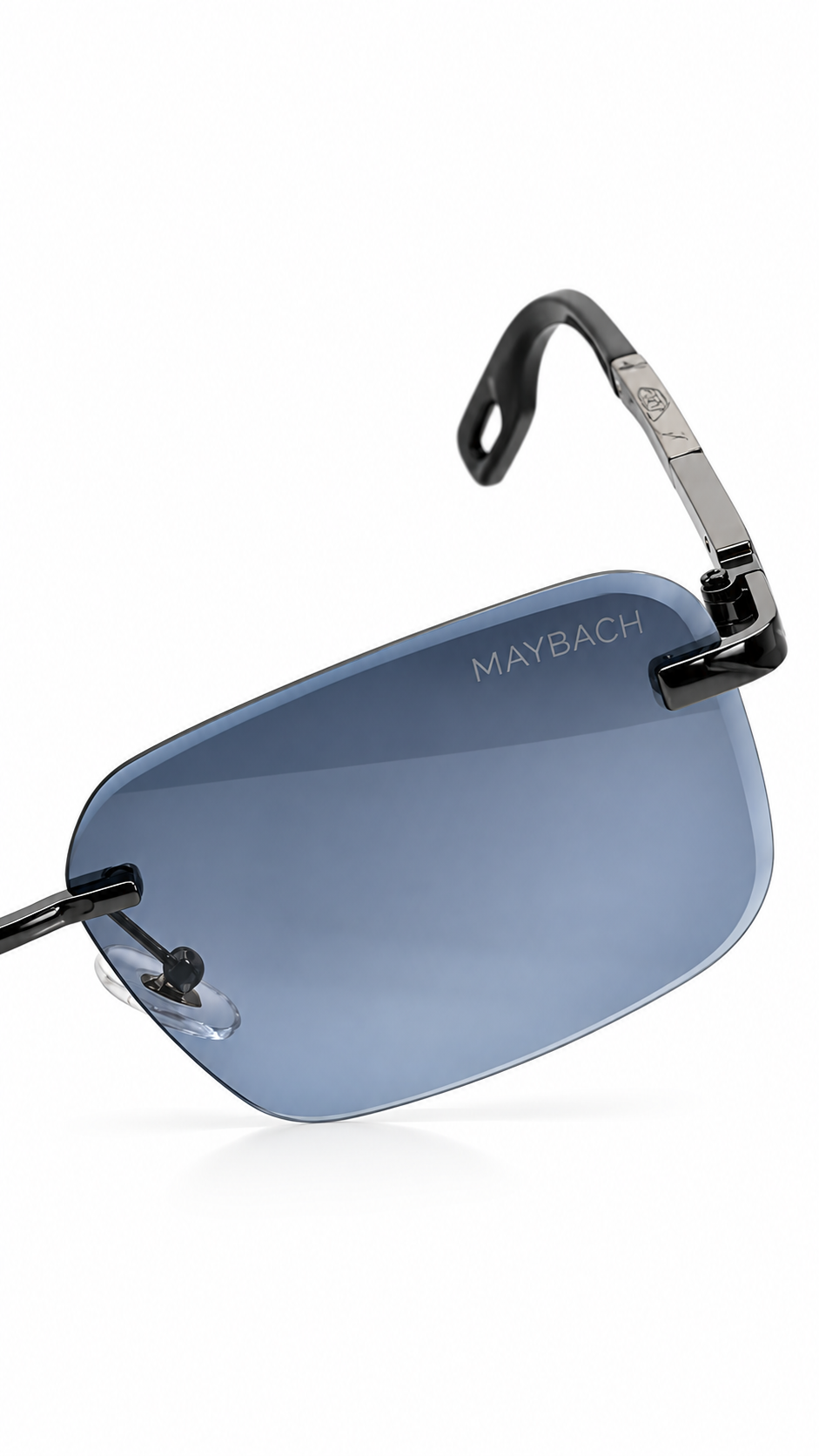 Maybach G604 Rimless Rectangular Sunglasses Matte Black Hardware Charcoal Black Wood Grain Temples Grey Blue Lenses 58mm