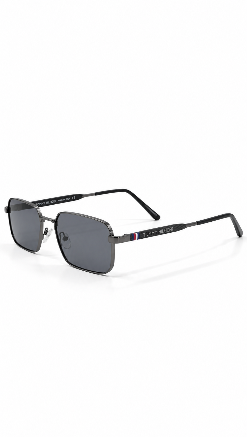 Tommy Hilfiger WS1452 Metal Rectangular Sunglasses Dark Gunmetal Frame Flag Logo Temples Grey Lenses 54mm