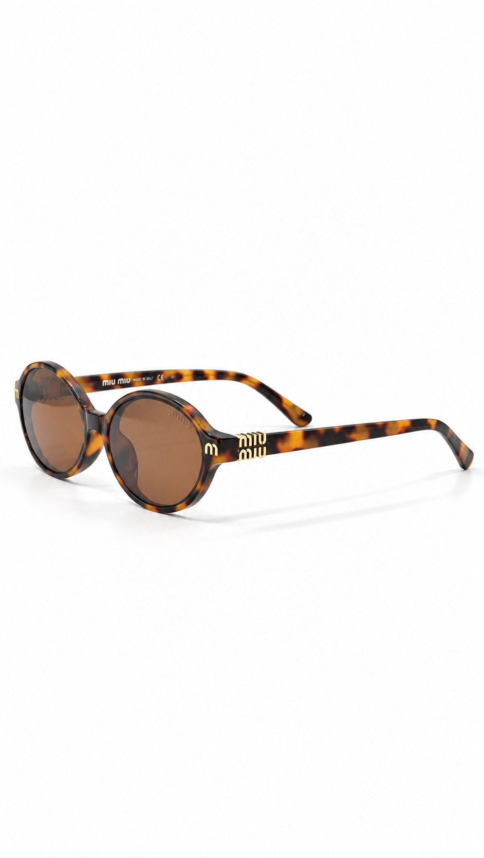 Miu Miu 34112 Oval Sunglasses Tortoise Shell Frame Gold Miu Miu Logo Temples Warm Brown Lenses 55mm
