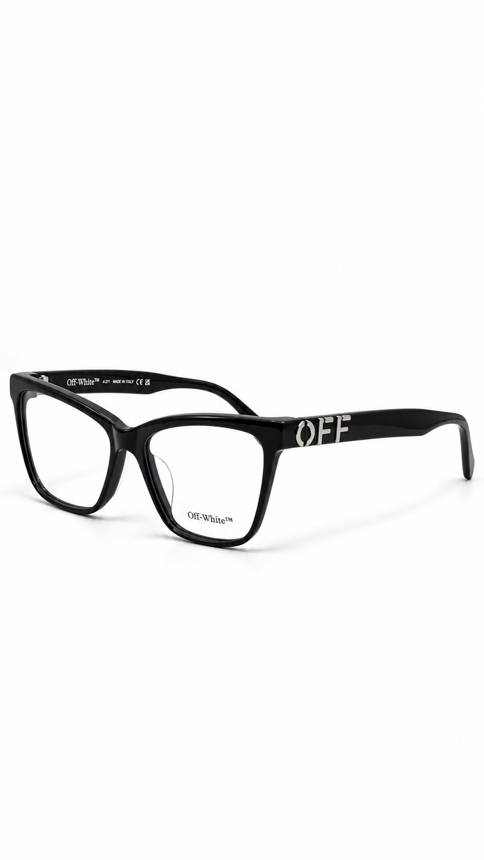 Off-White OERJ067S 1007 Square Cat-Eye Optical Glasses Gloss Black Acetate Silver OFF Temple Logo Clear Lenses 54mm