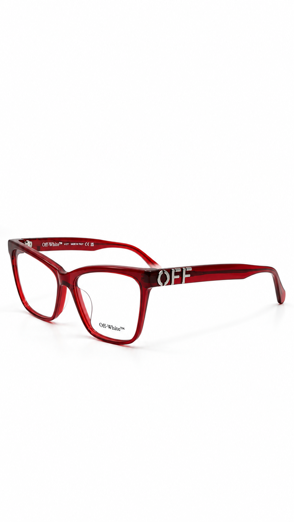 Off-White OERJ067S 1007 Square Cat-Eye Optical Glasses Translucent Burgundy Acetate Silver OFF Temple Logo Clear Lenses 54mm