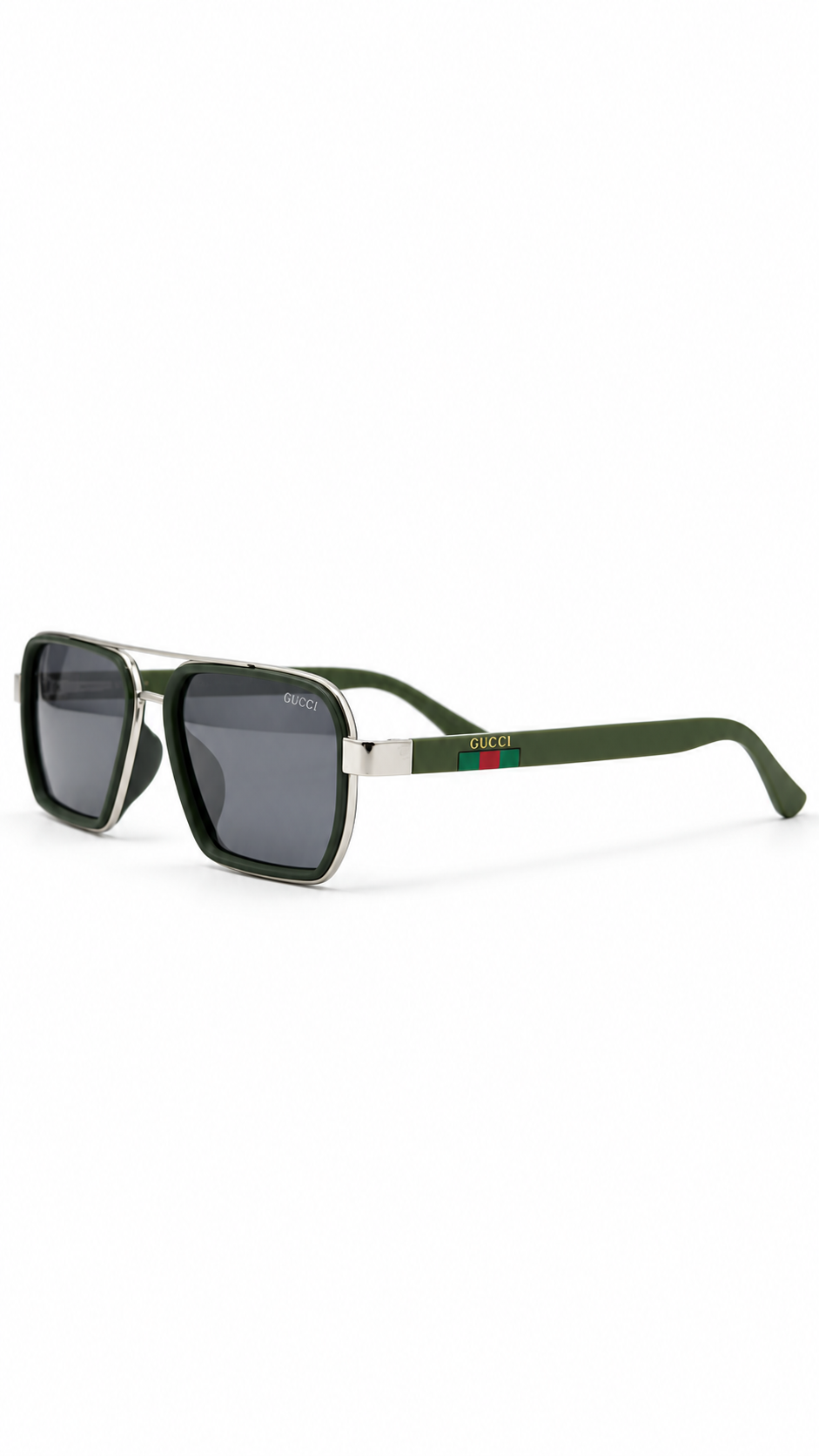Gucci T0963 Silver & Olive Green Metal Double Bridge Sunglasses Grey Lenses 54mm