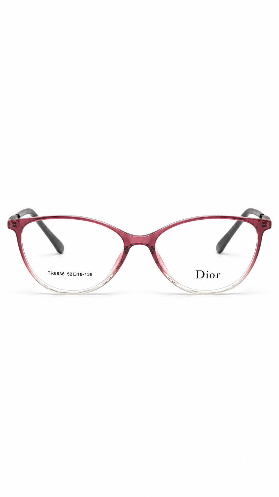 Dior TR6836 C6 Oval Cat-Eye Optical Glasses Gradient Berry Pink Clear Frame Silver Metal Accent Temples Clear Lenses 52mm