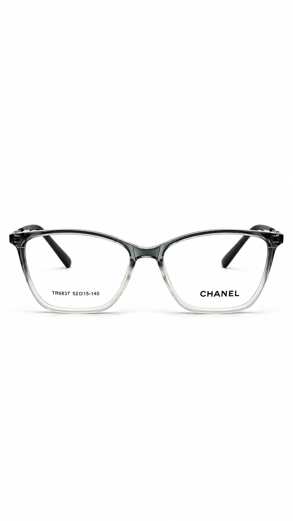 Chanel TR6837 C7 Soft Cat-Eye Optical Glasses Gradient Grey Clear Frame Silver Accent Temples Clear Lenses 52mm