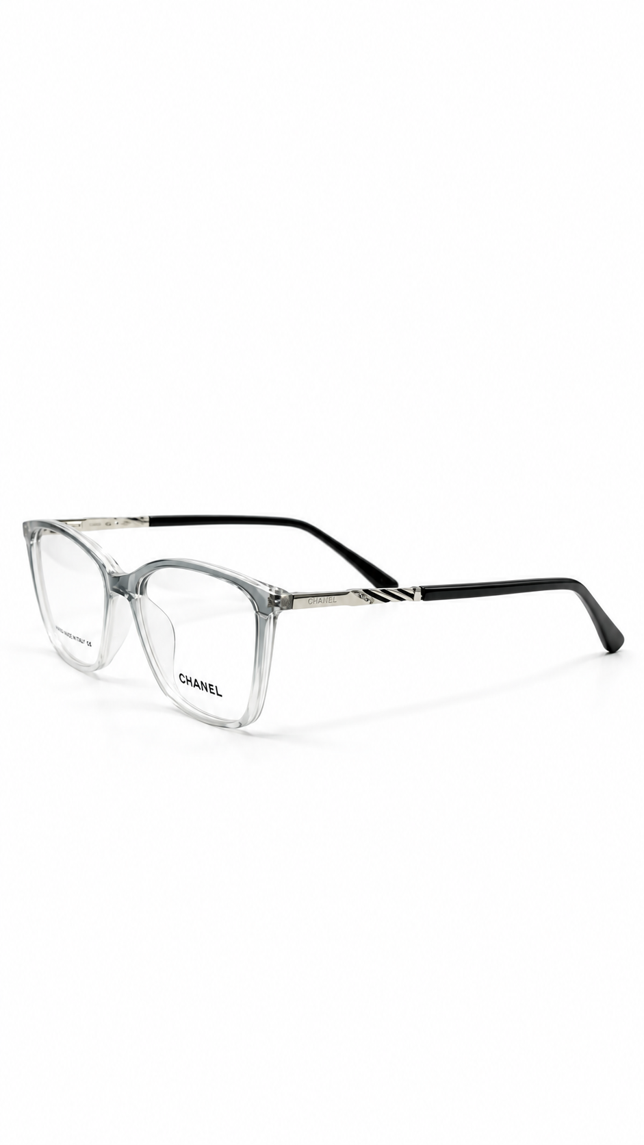 Chanel TR6837 C7 Soft Cat-Eye Optical Glasses Gradient Grey Clear Frame Silver Accent Temples Clear Lenses 52mm