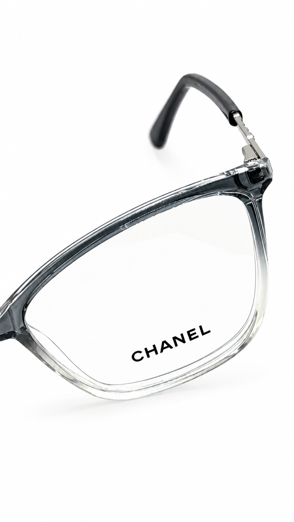 Chanel TR6837 C7 Soft Cat-Eye Optical Glasses Gradient Grey Clear Frame Silver Accent Temples Clear Lenses 52mm