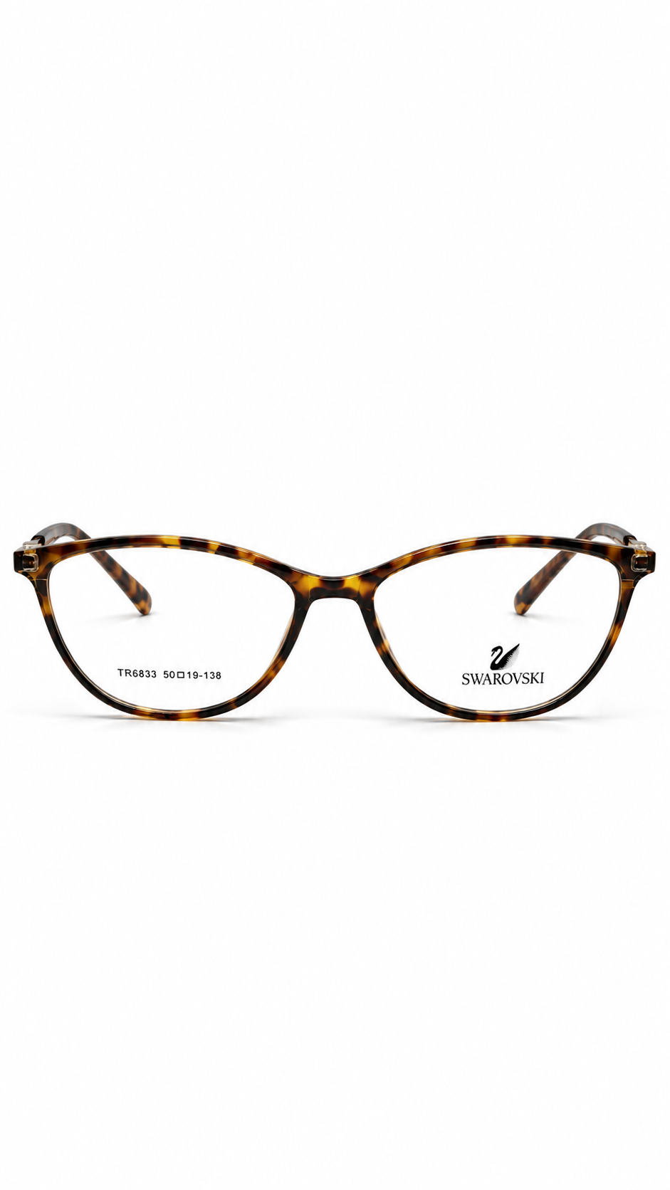 Swarovski TR6833 C4 Oval Cat-Eye Optical Glasses Tortoise Shell Frame Gold Metal Twist Accent Clear Lenses 50mm