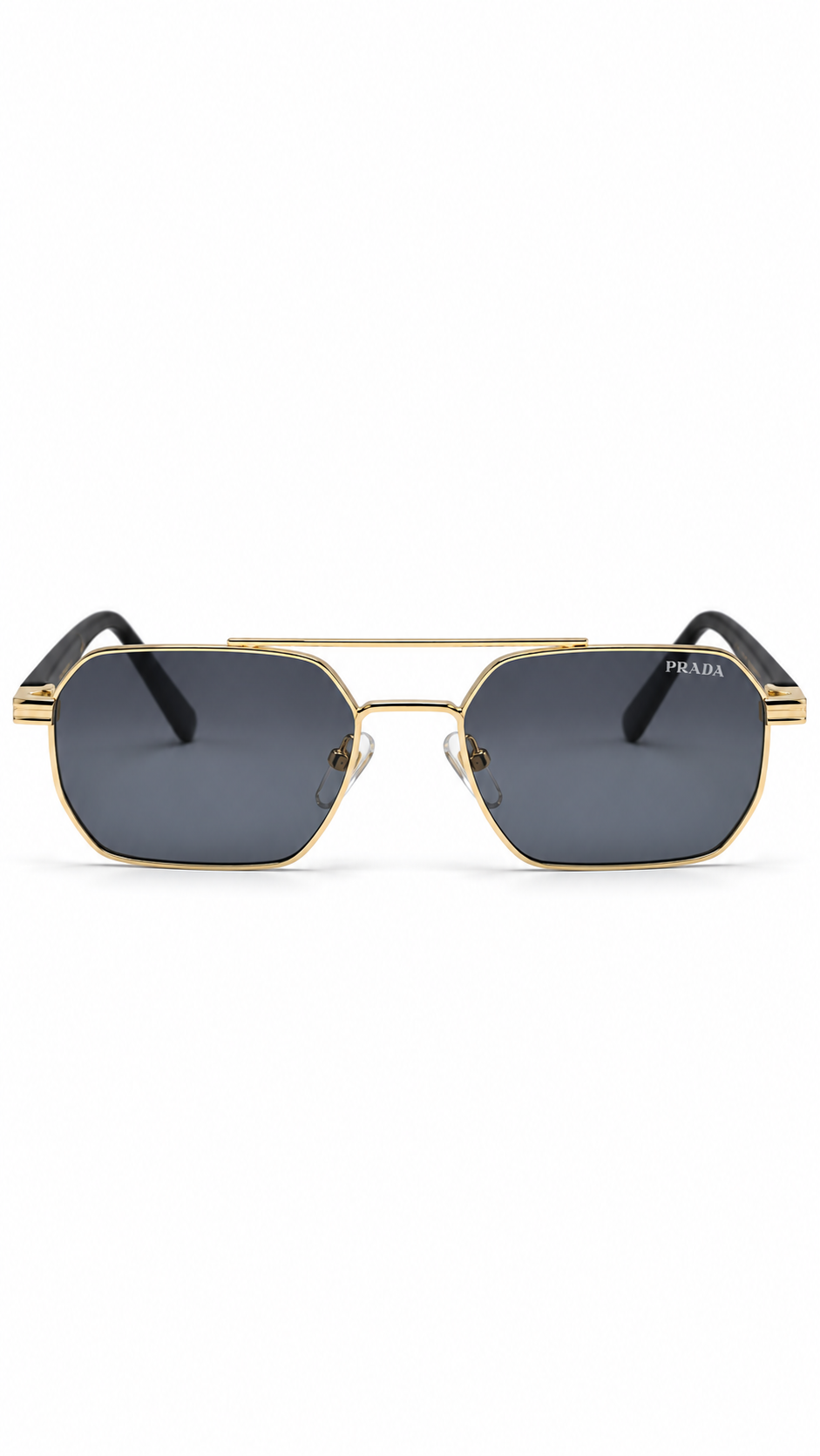 Prada T09117 Gold Metal Geometric Double Bridge Navigator Sunglasses Dark Grey Lenses 56mm