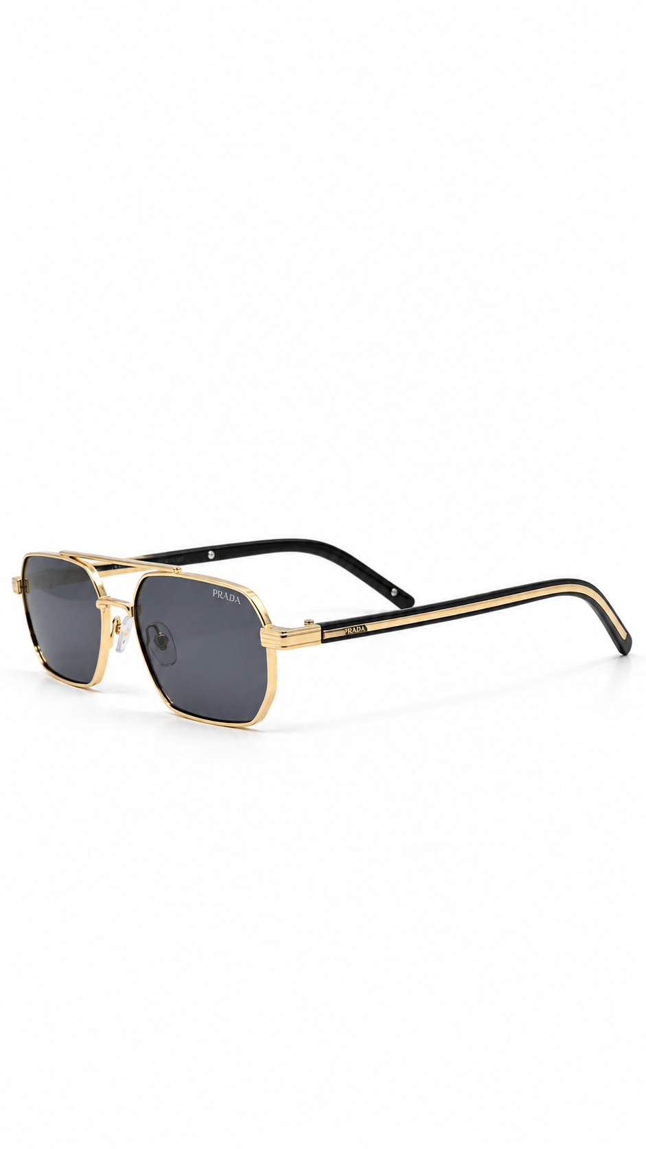 Prada T09117 Gold Metal Geometric Double Bridge Navigator Sunglasses Dark Grey Lenses 56mm