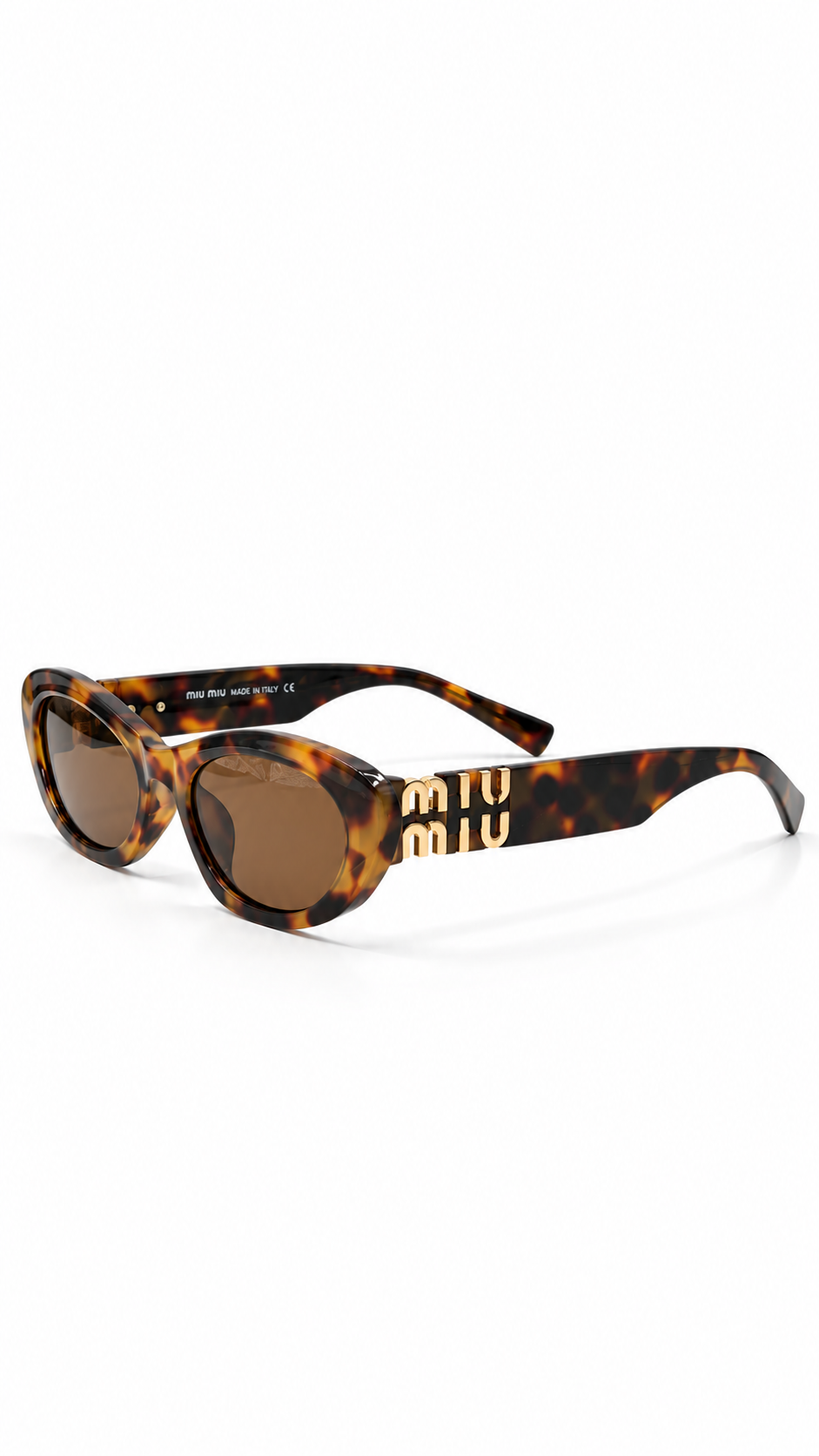 Miu Miu 6149 Havana Tortoiseshell Oval Sunglasses Gold Vertical Logo Temples Brown Lenses 52mm
